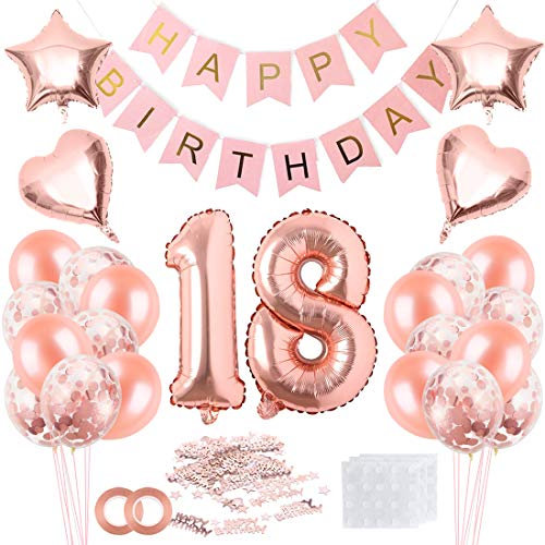 18 Jahre Geburtstag Mädchen Rosegold - Luftballon, Happy Birthday Banner, Konfetti - Geburtstagsdeko Set