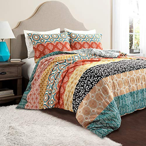 Lush Decor Bohemian Stripe Reversible Cotton Duvet Cover Set, 3 Piece Set, King, Turquoise & Orange -Striped Bedding Set - King Duvet Set - Boho Decor