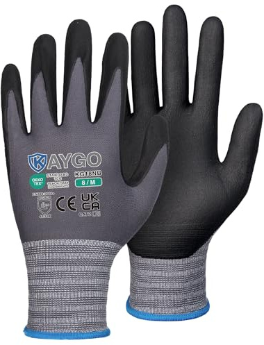 KAYGO Safety Work Gloves MicroFoam Nitrile Coated 3 Pairs, KG18NB | 15G Seamless Knit Nylon Liner, Breathable, High Dexterity, Non-Slip Grip in Oily for Warehouse, Automotive, DIY (Gray, M)