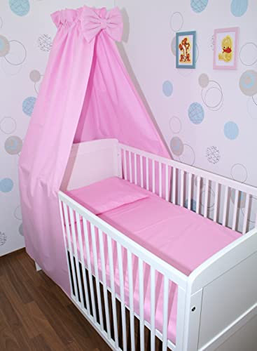 Primawela Baby Bettset Bettwäsche mit Himmel Vollstoff - Rosa - Bettausstattung Set (5 teilig)