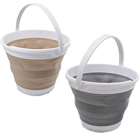 SAMMART Faltbarer Kunststoffeimer für den Außenbereich, 10 l, 2 Stück, zusammenklappbar, runde Wanne, tragbarer Wassereimer zum Angeln, platzsparend, 31 cm (Grau + Latte)