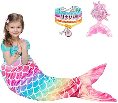 Manta de Cola de Sirena - Franela Manta Sirena para Niñas Adultos Pulsera de Horquilla de Lentejuelas Arcoíris Saco de Dormir De Sirena Regalo de Cumpleaños 140 x 60cm