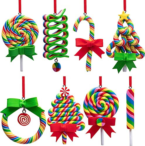 8PCS Christmas Lollipop Ornaments - Christmas Tree Candy Cane Ornament - Lollipop Hanging Decorations, Decorative Candies Polymer Clay Ornament for Valentine Home Party Holiday