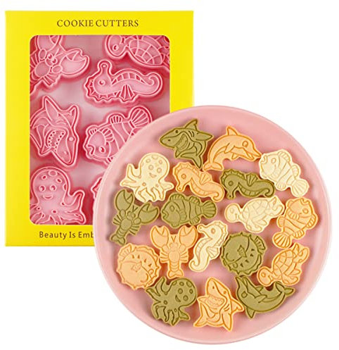8 cortadores de galletas de animales marinos, moldes de dibujos animados, peces, delfín, tiburón y langosta, herramientas de cocina de plástico (animal marino 0209)