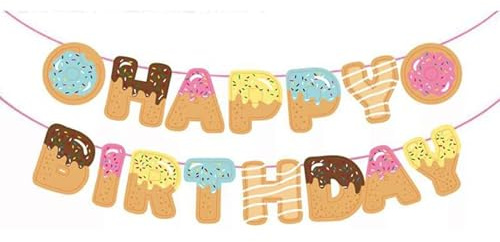 DIWULI Happy Birthday Girlande Donut Süßigkeiten zum Aufhängen, Spruchband, Wimpel-Kette Schriftzug, Geburtstagsgirlande, Banner Kinder-Geburtstag Junge Mädchen, Motto-Party Party-Deko, Dekoration