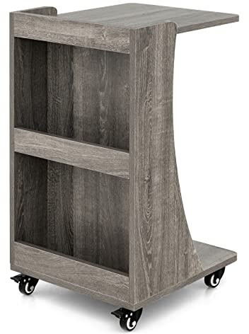 Multigot Rolling End Table, Wooden Sofa Side Table with 2-Tier Storage Compartments, Home Office C-Shaped Rustic End Table for Living Room Bedroom Balcony (Grey)