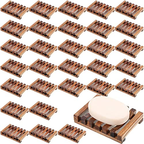 Skylety 50 Pieces Wooden Shower Soap Dish Bulk Soap Holder Savers Draining Tray Case Stand for Bathroom Kitchen Travel Sponge Shampoo Sink, 4.5 x 3.1 x 0.9 Inches (Brown Color)