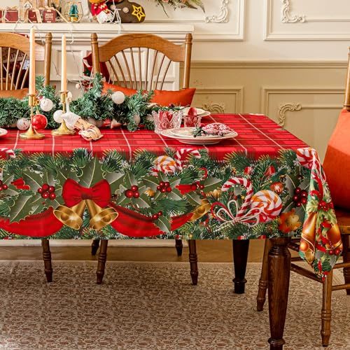 Softalker Rechteckige Weihnachtstischdecke – rotes Schottenkaro, bedruckt, Weihnachtsglocke, Süßigkeiten-Tischdecken, waschbare Polyester-Tischdecken für Esszimmer, Partys und Urlaubsdekoration, 152,4