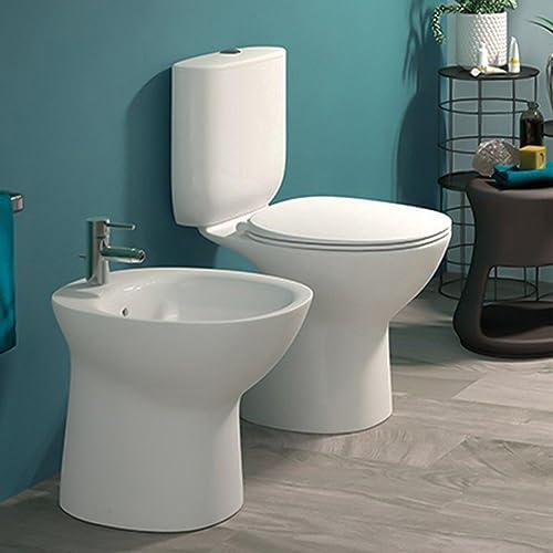 Coppia di sanitari monoblocco RIMLESS con scarico a pavimento e cassetta in ceramica, sedile originale modello SLIM, MORNING