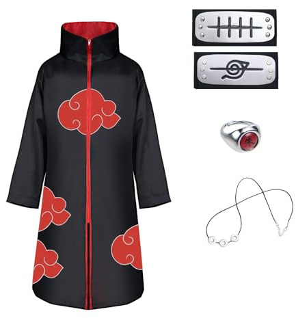 ACWOO Akatsuki Cloak, Akatsuki Coat Set with Headband Ring Necklace, Unisex Ninja Cloak Ninja Long Robe, Halloween and Christmas Anime Cosplay Costume Cape for Kids and Adult