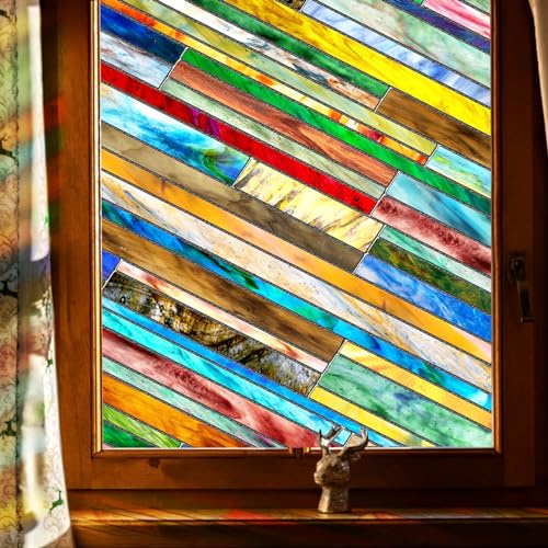 SUNBABY Stained Glass Window Privacy Film: 3D Decorative Vintage Static Clings, Day and Night Privacy, Renter-Friendly Non-Adhesive Sticker for Home Bathroom Door Window Coverings,16.9 x 39.4 Inch