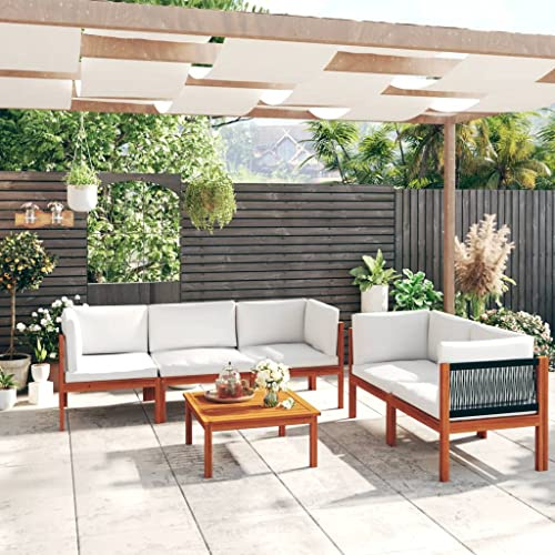 Willood 6-TLG. Gartenmöbel Set Garten Terrasse Balkonmöbel Sofa Bank Gartenset Sitzgarnitur Mittelsofa Ecksofa Garten Lounge Set mit Kissen Cremeweiß Massivholz Akazie
