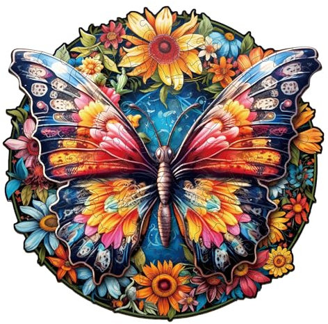 Jigfoxy Wooden Jigsaw Puzzles for Adults - Butterflies and Sunflowers 300pcs, Unique Animal Shape Wood Puzzle, Birthday Gifts in Wooden Box (13.4 * 13.1in)