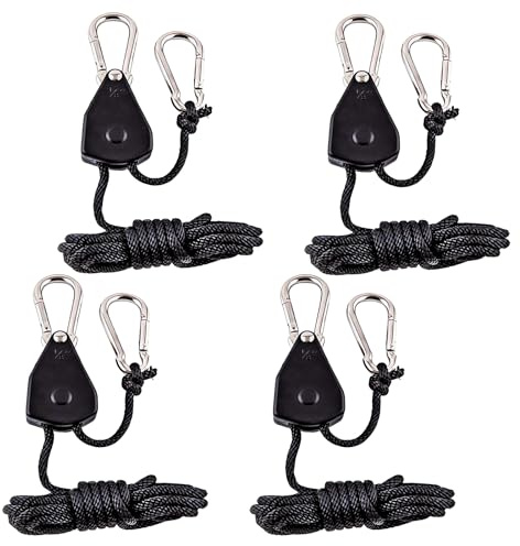 4 Stück Seil Ratsche mit Haken 1/8 Zoll Einstellbarer Hochleistungs Seilclip Aufhänger 150lb, Ratsche Seilratsche, einstellbare Wachsen Licht Ratchet Seil, Aufhänger Rope Ratchet, Nylon, Schwarz