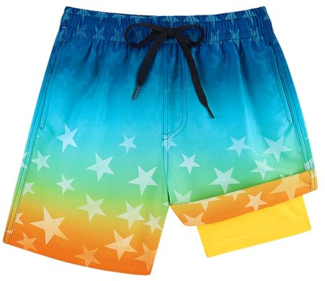 Dancinova Badshorts för pojkar, badbyxor, barn, kompression, foder, badshorts, snabbtorkande simbyxor med boxershorts liner 7–16 år, Gradient stjärnor, 14-16 år