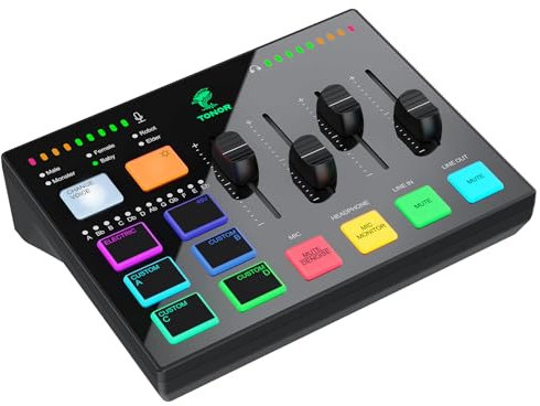 TONOR Gaming Audio Mixer, RGB Audio Interface con Canale XLR da 6,35 mm per Gaming,Streaming,Podcasting, Registrazione,Creazione di Contenuti,Controlli Volume Indipendenti,Ingresso Strumento, TX310