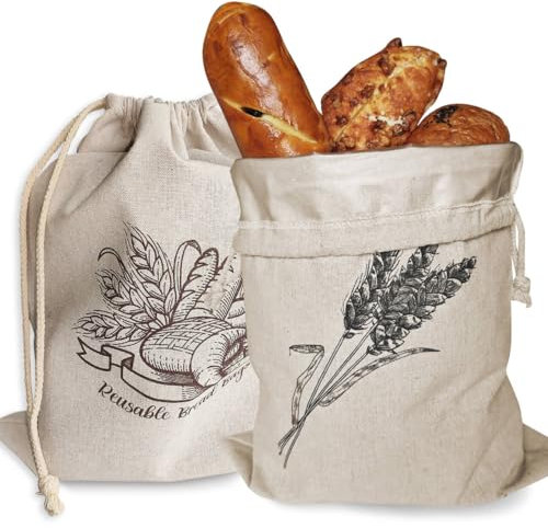 2 Pack Reusable Bread Bags，Odujzem Natural Linen Bread Bag for Homemade Bread， Drawstring Sourdough Storage Bread Bags With Lining，Gift Bag for Bread Dry Food (15.7 x12)