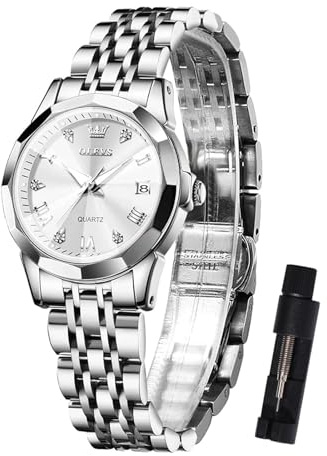 OLEVS Montre pour Femme - Petit Cadran en Acier Inoxydable - Montre habillée - Montre analogique à Quartz de Luxe avec Diamant - Étanche - Affichage de la Date, C1 - Cadran Blanc/Bracelet argenté