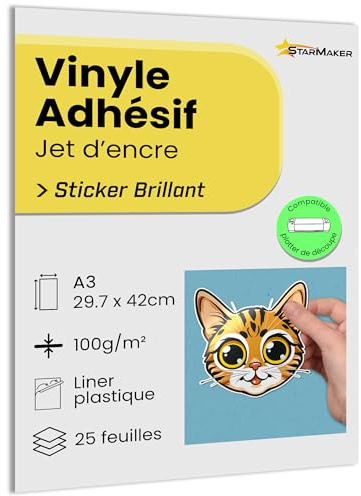 25 Blatt A3 Glänzende Vinyl-Aufkleberfolie mit Kunststoff-Liner - Bedruckbares Selbstklebepapier für Inkjet-Drucker, Wasserfest & Haltbar - Ideal für Premium-Sticker