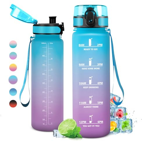KollyKolla Trinkflasche 1L, Trinkflasche Sport, Wasserflasche Auslaufsicher,Kohlensäure Geeignet, mit Zeitmarkierungen, Sportflasche für Erwachsener, Gym, Scuola, Ciclismo, Outdoor