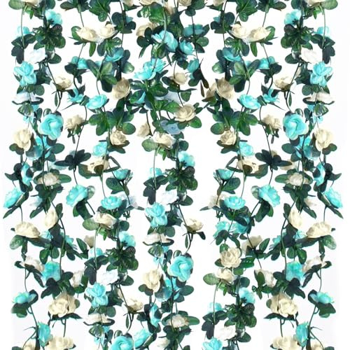 Criveple 6 Stück 49FT Künstliche Girlande Rosen Reben Seidenblumen im Freien Hängend Kunstblumen Deko für Hochzeit Schlafzimmer Wand Kulisse Garten Dekoration (BlueWhite)