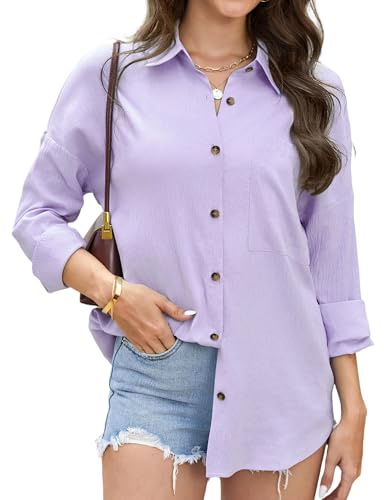 Stamain Damen Bluse Langarm Hemd Lila Damenblusen Oversized Hemdbluse Sommer Leicht und Luftig Langarmshirt Einfarbig Oberteil Baumwolle Polyester Lässig Longbluse für Leggings Ferien Outfit XXL