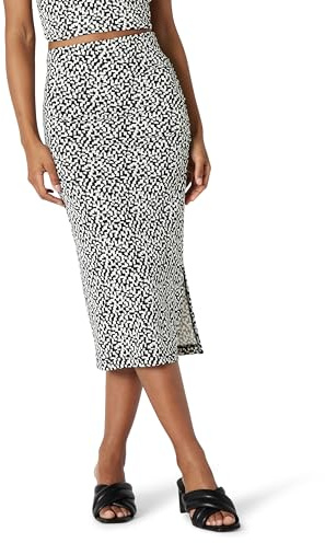 Amazon Essentials Gonna Midi in Jersey Opaco Arricciato (Top Venduto Separatamente), vestibilità Aderente Donna, Nero Avorio Geometrica, M