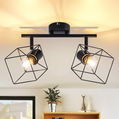 Homefire Deckenstrahler Deckenlampe 2 Flammig Schwarz - E14 Deckenleuchte 350° Schwenkbar Vintage Lampe Metall Deckenspots Schlafzimmerlampe für Wohnzimmer Flur Küche - Ohne Leuchtmittel