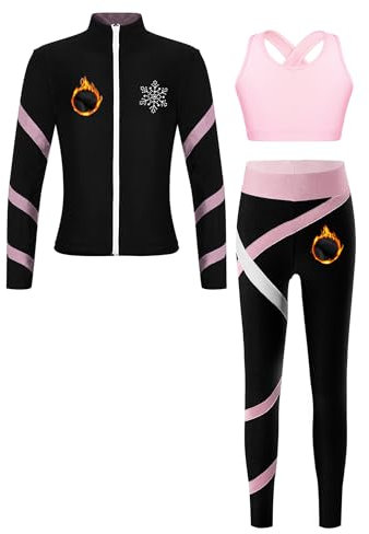 Alvivi Mädchen Trainingsanzug Fleece Sportanzug Warm Winter Eiskunstlauf Anzug Sport Set Langarm Sweatjacke Sweatshirt + Streifen Hose Leggings Rosa 122-128