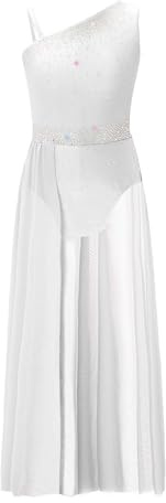 Aislor Robe Danse Lyrique Enfant Filles Tenue Patinage Aritistique Danses Moderne Spectacles Ballerine Adolesente Ballet Maxi Robe Cours de Danse Latin Jupe Blanc 5-6 Ans