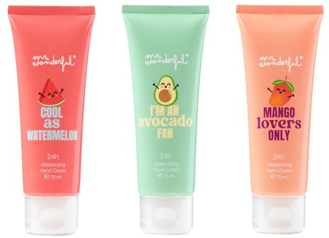 MR WONDERFUL - Crema de Manos 3 x 75 ml, Mango Lovers Only, I'm an Avocado y Cool as Watermelon, con Ácido Hialurónico, Hidratante 24 horas, Ingredientes naturales, Rápida Absorción