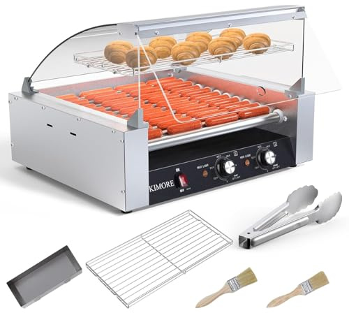 Hot Dog Roller, 30 Hot Dogs 11 Rollers Grill Cooker Machine with Removable Stainless Steel Drip Tray Stainless Steel with Cover, Dual Temp Control, Led Light, Perfect for Commercial and Party