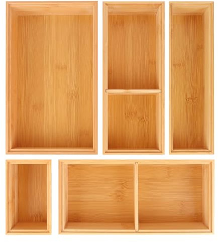 Bamboo Wood Drawer Organizer, Set of 5 Silverware Organizer & Kitchen Organizers and Storage ,Utensil Drawer Organizer With Removable Dividers for Kitchen,Utensils,Bathroom,Office,Makeup(Natural)