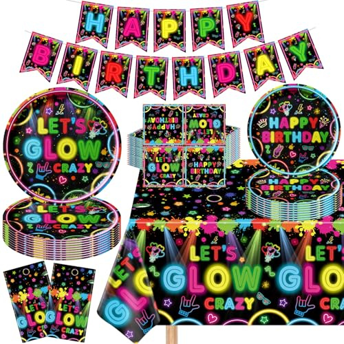 123 Pack Glow Neon Party Supplies Neon Birthday Tableware Decorations Including Plates Banner Napkins Tablecloths for Glow in Dark Theme Party Supplies Serves 40