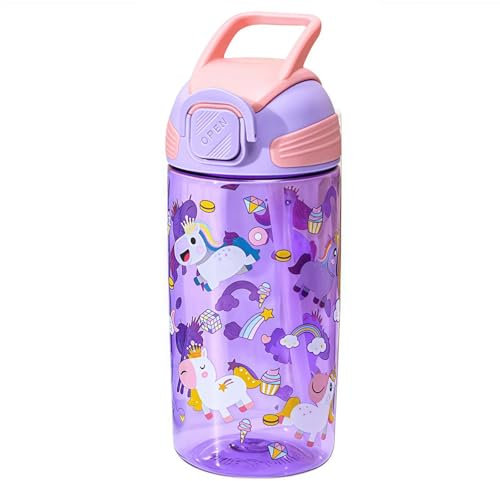 MHwan Einhorn Kinder Trinkflasche, 550ml BPA-Frei, Strohhalm, Robust, Auslaufsicher, Schöne Kindertischflasche für Schule, Reisen, Tragbar