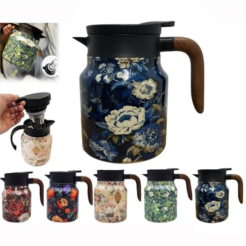 Tea Thermos Flask with Vintage Floral Pattern, 1 L Stainless Steel Thermos Flask with Lid for Hot Drinks, Thermal Coffee Pot for the Kitchen (Purple)