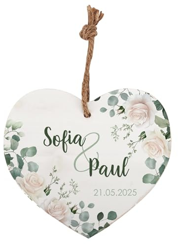 Herz & Heim® Personalisiertes Holzherz mit Namen & Datum – Romantische Wanddeko mit Blumenmotiv – Hochzeitsgeschenk, Jahrestag, Valentinstag – Rustikales Dekoschild mit Juteband (Rosen)