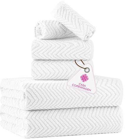 Casa Copenhagen Wave Strukturiertes 6-teiliges kleines Badetuchset - Weiß, aus 100% ägyptischer Baumwolle Kiefergrau, Badetücher für das Badezimmer (perfekte Geschenkset für Damen & Herren)