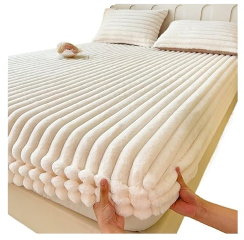 Sábana bajera de forro polar de terciopelo, tamaño King, Queen, funda de colchón suave, gruesa y cálida para invierno, ropa de cama de franela (beige y blanco, 90)