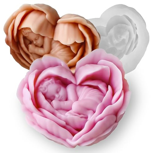 Japleed Moldes de jabón de silicona para baby shower, moldes de velas en forma de rosa para hacer velas, bonitos moldes 3D para decoración de pasteles de chocolate, fondant, bricolaje, corazón, floral