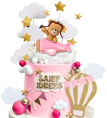 JeVenis Pink Hot Air Balloons Airplane Cake Topper