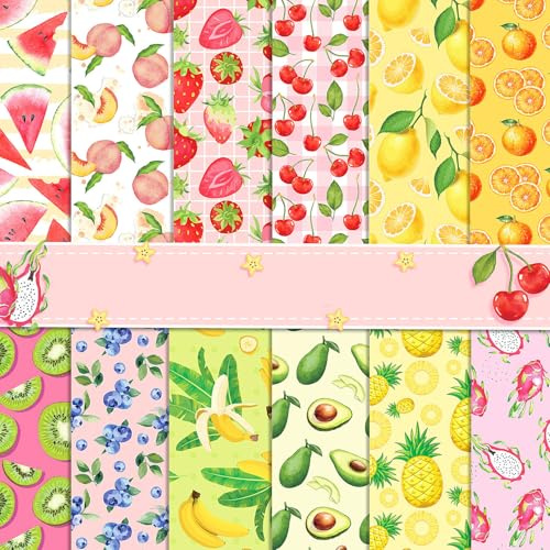 Scrapbook Papier Sommer Scrapbook Bastelpapier mit Obst Muster, 24 Blatt Scrapbooking Papier Frucht Motivpapier, Doppelseitiges Dekorpapier mit Erdbeere Zitrone Muster (Rot, 30x30)