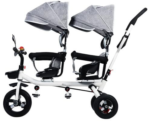 Doppelsitz-Dreirad-Kinderwagen, Anti-Rollover-Tandem-Trike mit Schiebegriff und stoßfesten Gummirädern, 98 cm Länge und 100 cm Höhe, für 2–8 Jahre, Outdoor-Kinder fahren auf Fahrrad, Grau