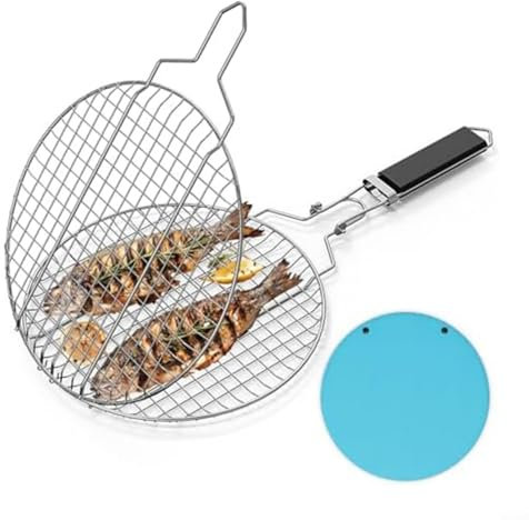 V Panier à poisson rond pliable en acier inoxydable avec poignée amovible pour barbecue Outil de cuisson en plein air Grille verrouillable pour légumes, poissons, crevettes