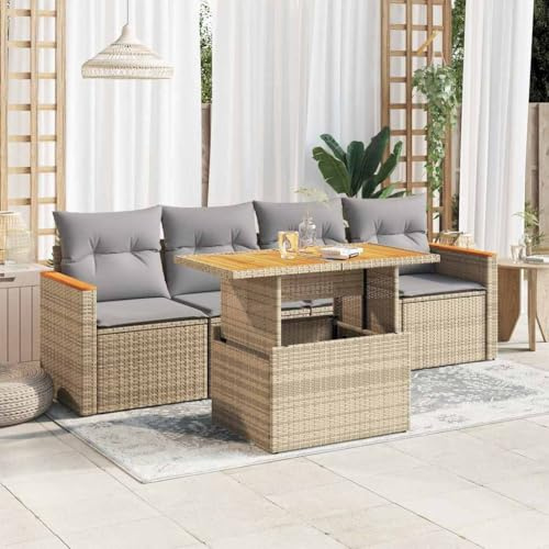 WSJHUHK Möbel, Outdoor-Möbel, Gartenmöbel-Sets, 5-teiliges Gartensofa-Set mit Kissen, Poly-Rattan-Akazie, Beige