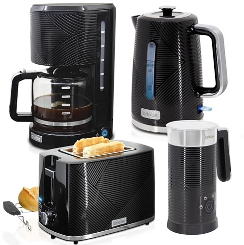briebe Elegance Set Tostadora Pan Ranura Ancha 2 Rebanadas + Hervidor Agua 1,7L Inalámbrico 2200W Libre BPA + Cafetera Goteo Filtro 10 Tazas 1,25L + Espumador de Leche Eléctrico, Negro