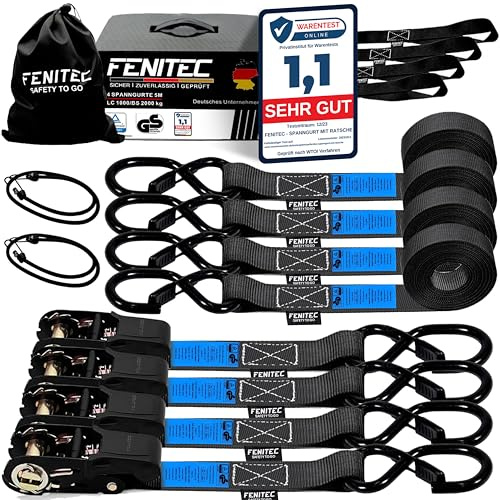 FENITEC 4X Spanngurte mit Haken und Ratsche 2000 kg 5M 25mm Schwarz | TÜV/GS EN 12195-2 geprüft, Doppelnaht zur Ladungssicherung bei jedem Wetter