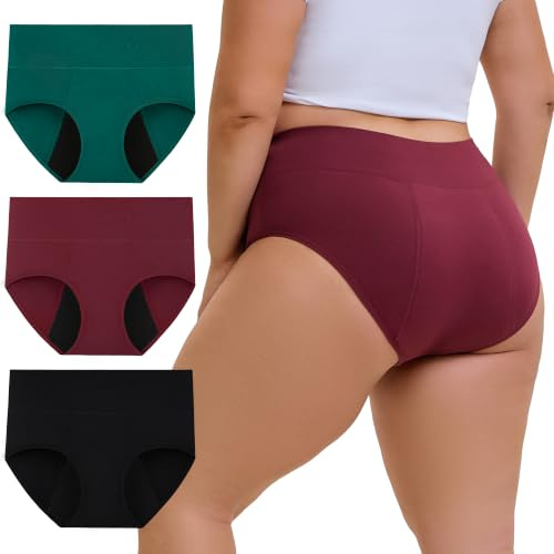 INNERSY periodiska underkläder stark blödning stora storlekar menstruation underkläder (XL-5XL) 3-pack, Svart/mörkgrön/mörkröd, 5XL