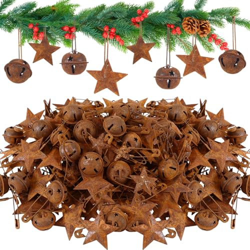LEIFIDE 200 Pcs Christmas Rusty Jingle Bell Stars Safety Pins for Craft | Rustic Metal Ornament for Christmas Tree, Vintage Mini Bells Decoration, Farmhouse Safety Pin, for Xmas Hanging DIY Wreath