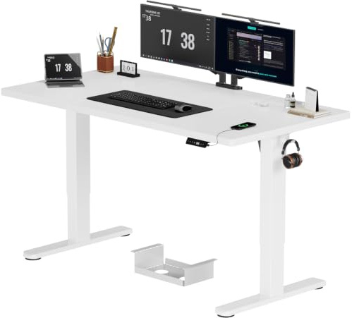 JUMMCIO Höhenverstellbarer Schreibtisch 160x80 cm, Stabiler Elektrischer Schreibtisch mit Vierteilige Tischplatte, Computertisch mit Memory Funktion,Standing Desk für Büro, Weiß | 72-118cm Hub Stabiler Elektrischer Schreibtisch mit 2 Haken & Kabelmanagementbox, Standing Desk für Homeoffice&Büro, Weiß